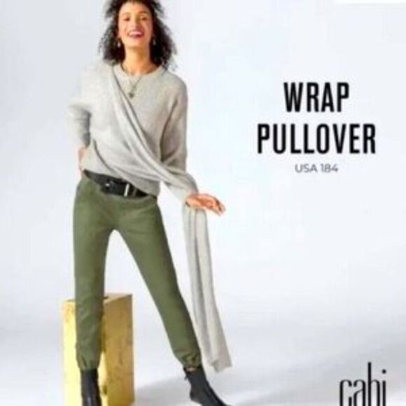 NWOT New Cabi Grey Wrap Pullover Knit Sweater w/Attached Scarf/Shawl S Versatile - Picture 1 of 9